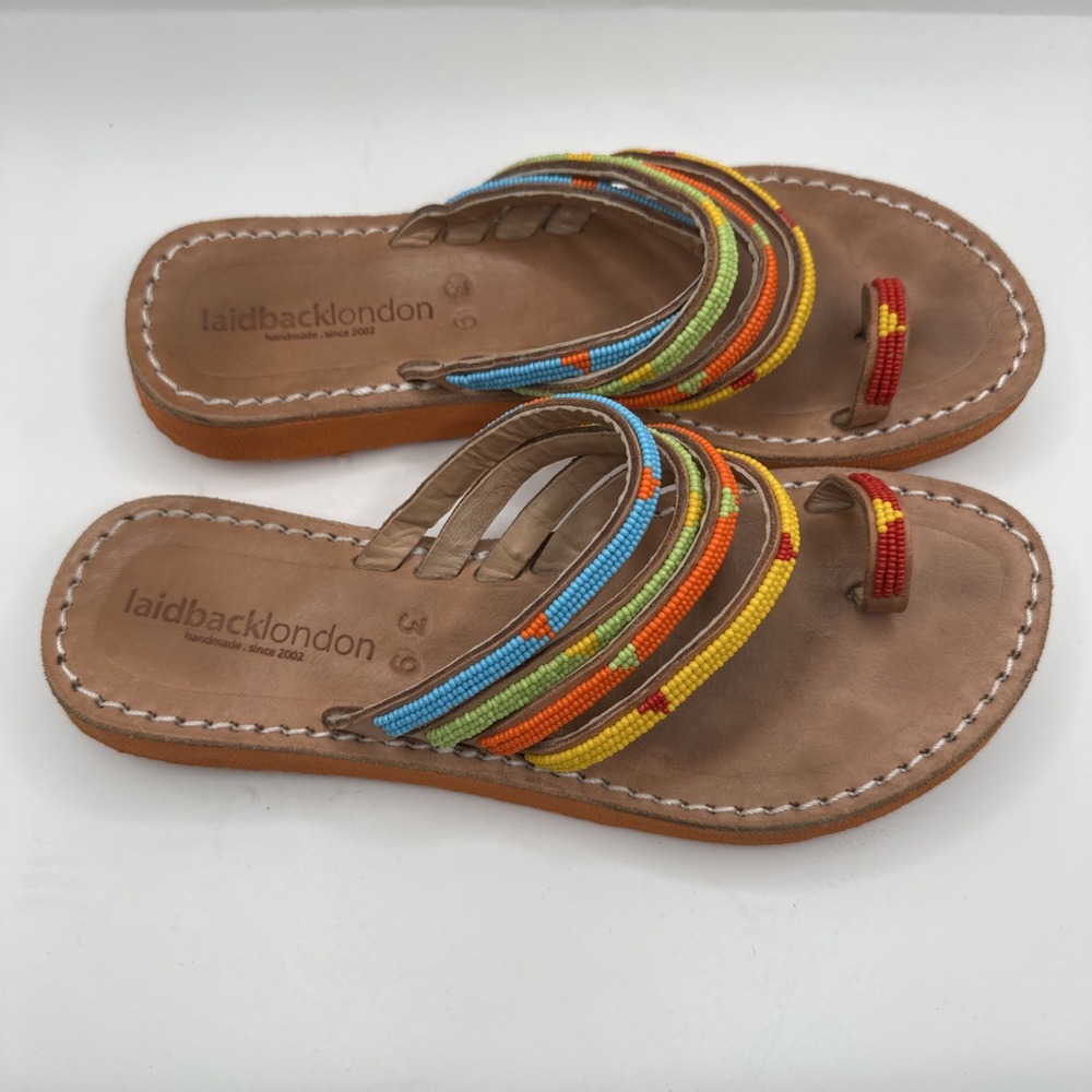 Laidback London Kamba Sandals Leather Handmade Beaded Toe Loop Size Sz‎ 39/ US 8 - Picture 6 of 6